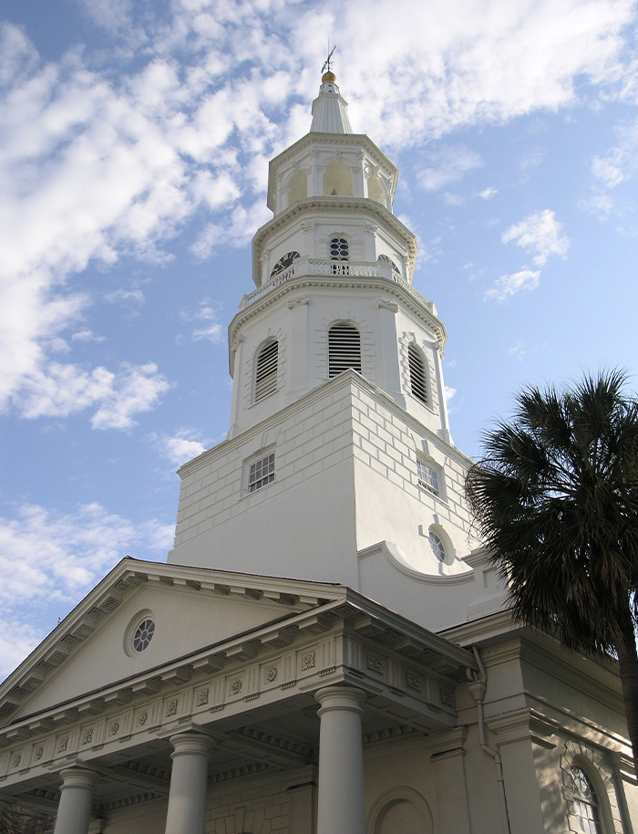 Exterior of St. Michael's Church, the oldest church building in Charleston as seen on the Palmetto Carriage Works Charleston tour.