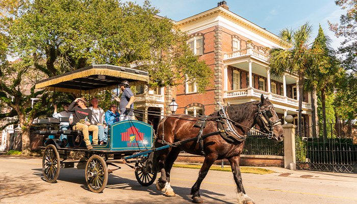 Horse Drawn Palmetto Carriage outside the Calhoun Mansion in historic Charleston, South Carolina.
