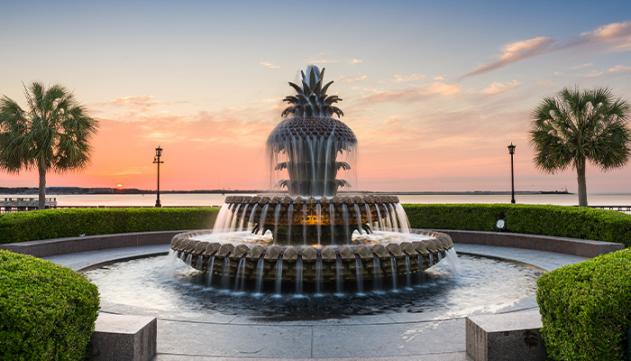 Pineapple fountain on waterfront Park, popular historic Charleston South Carolina tourist destination