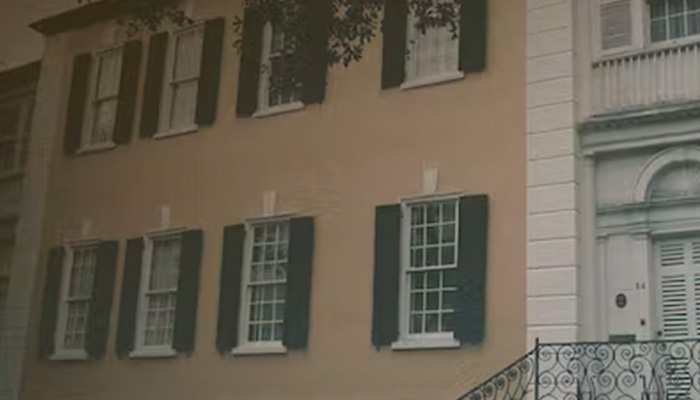 Exterior of historic William Rhett House as seen on the Palmetto Carriage Works tour of Charleston South Carolina.